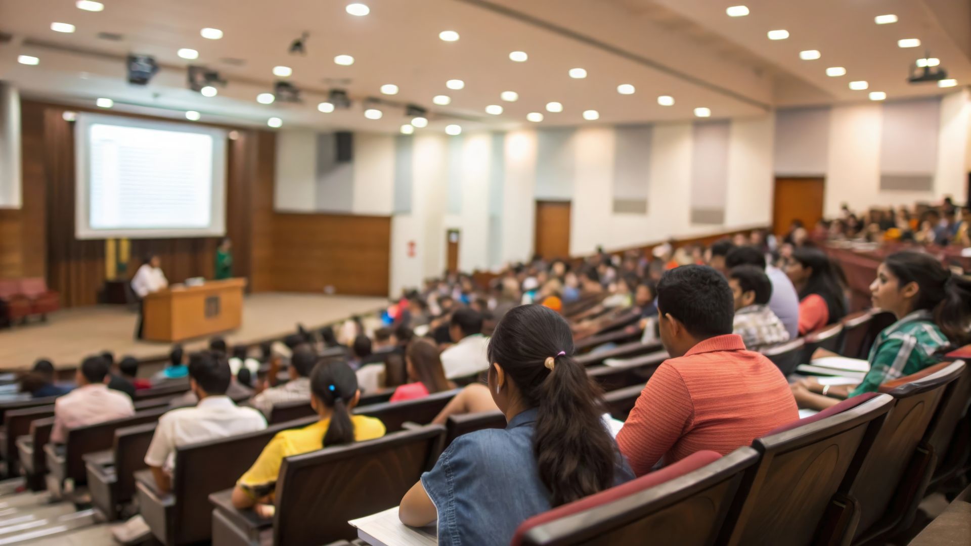 Audience in a large lecture hall listening to a presentation on a screen.