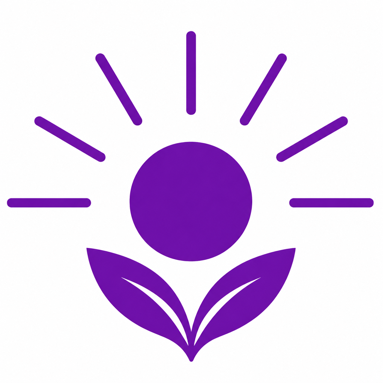 Purple logo of a sun rising above two leaves, symbolizing eco-friendly growth