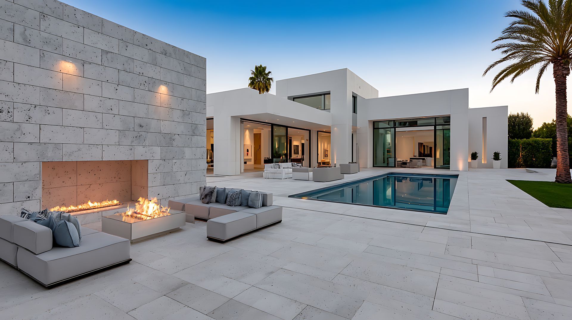Modern white house with pool, fireplace, and palm tree under a blue sky.