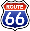 A blue and red route 66 sign on a white background