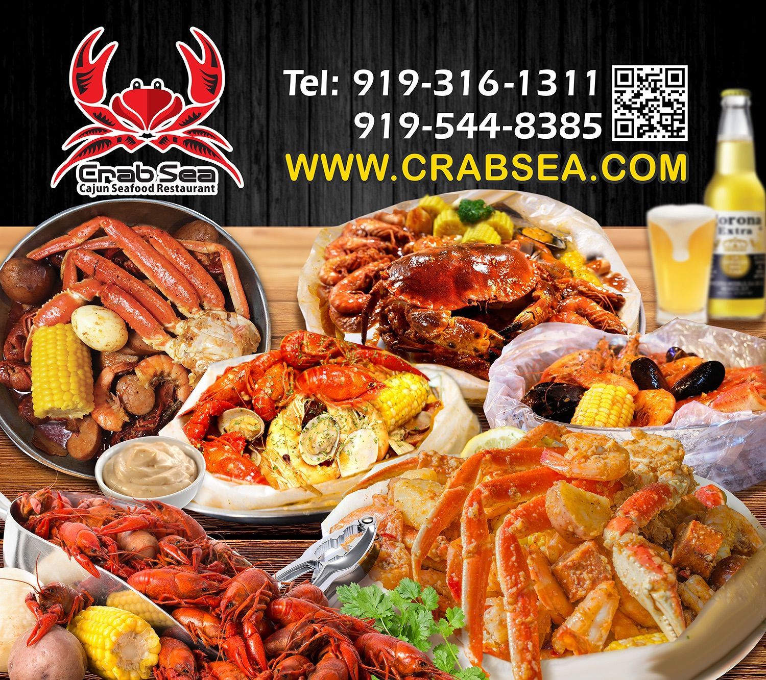 Seafood boil platter advertisement with crab, shrimp, mussels, corn, potatoes, and contact info.