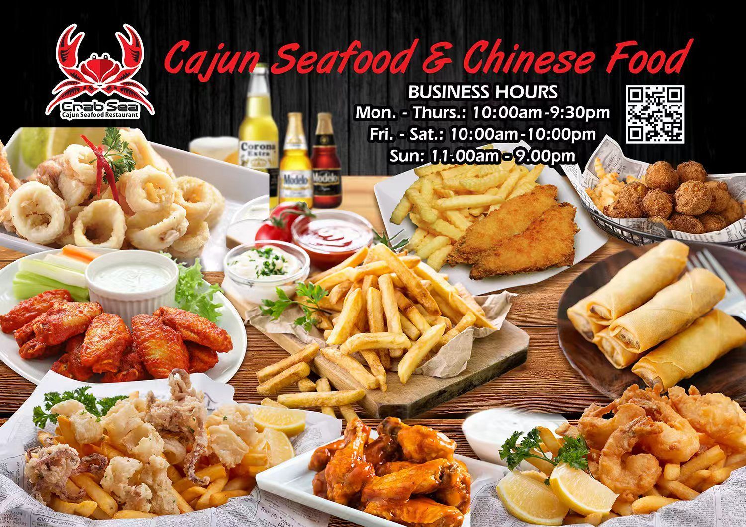 Cajun Seafood & Chinese Food menu with fried seafood, noodles, spring rolls, and chicken dishes on a table