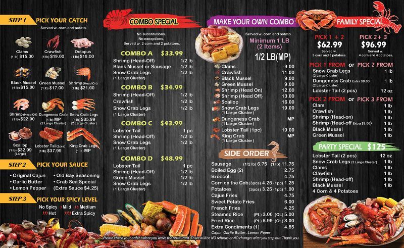 Restaurant takeout menu board with combo meals, prices, photos, and sections for soups, mains, and sides