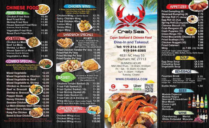 Chinese restaurant menu with black background, red titles, photos of dishes, and a crab graphic logo.