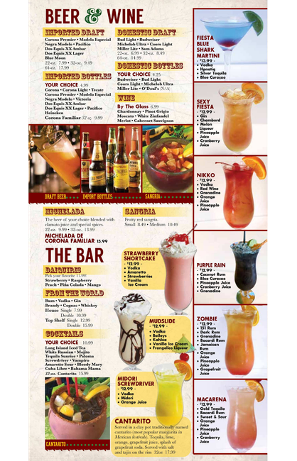Menu with beer, wine, and cocktails. Includes text, food, and colorful drink photos.
