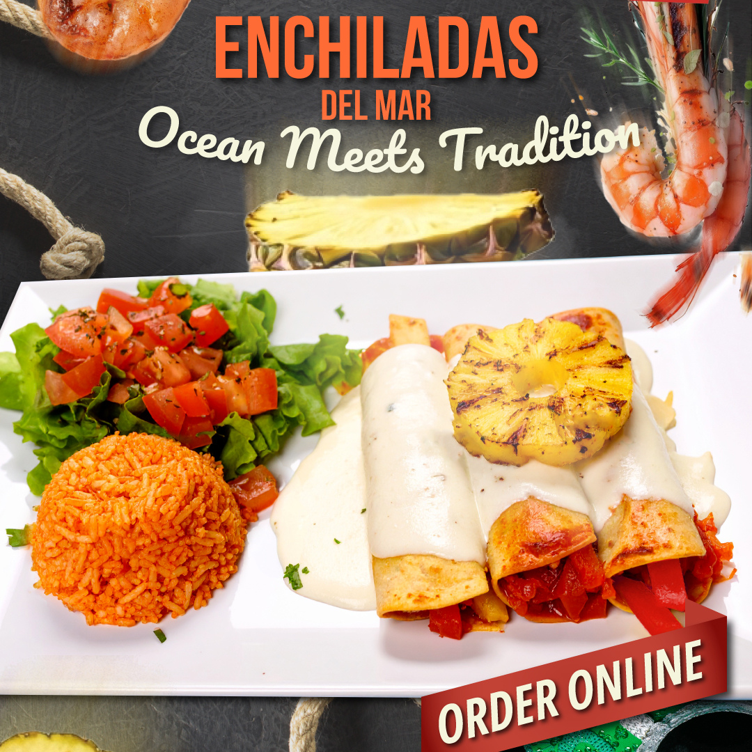 Enchiladas Del Mar with rice, salad, grilled pineapple.