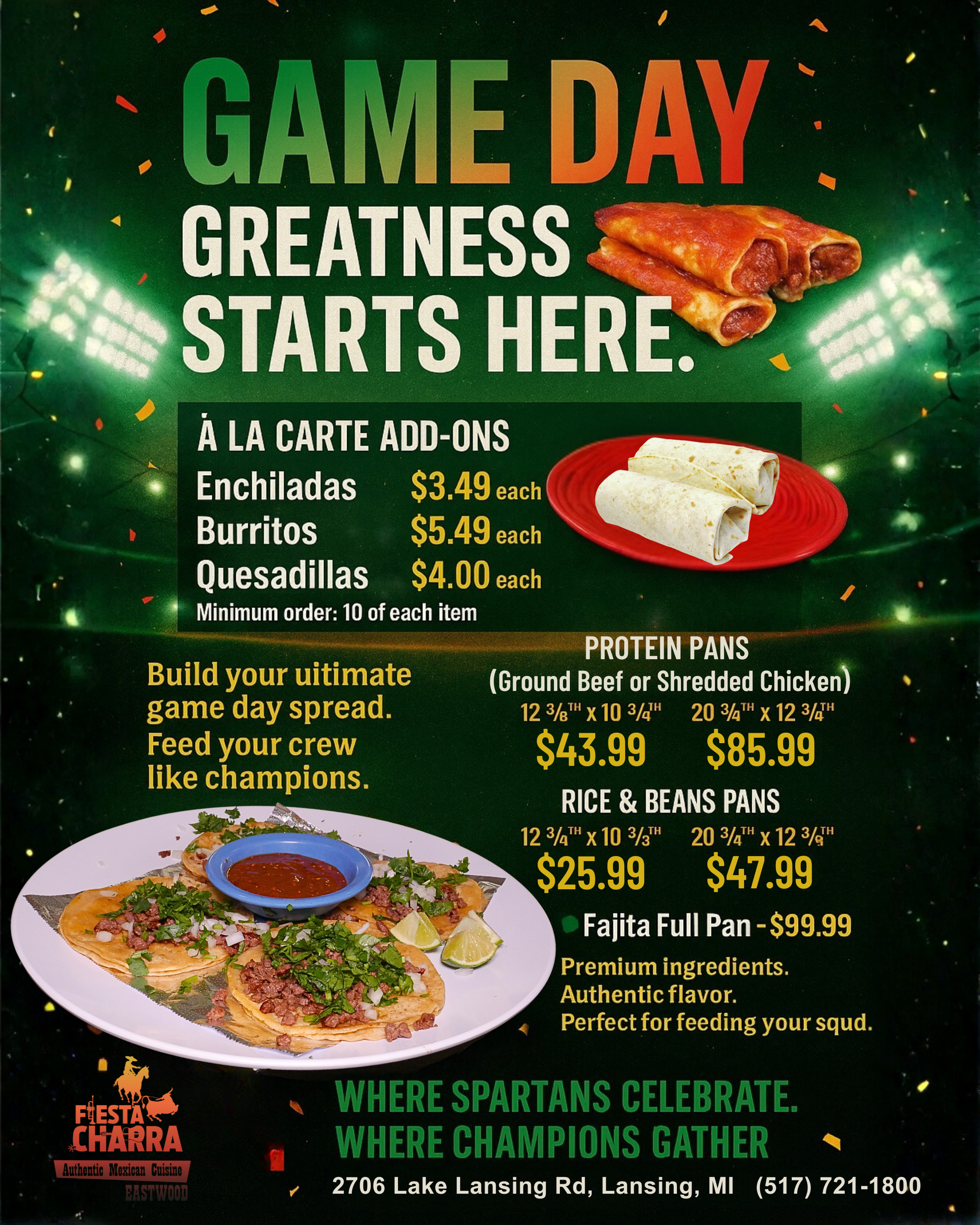 Game day menu at Fresh Charra: offers enchiladas, burritos, quesadillas, rice & beans pans, and fajita roll pan.