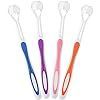 Four multi-colored tongue scrapers with clear scraper heads and colored handles.