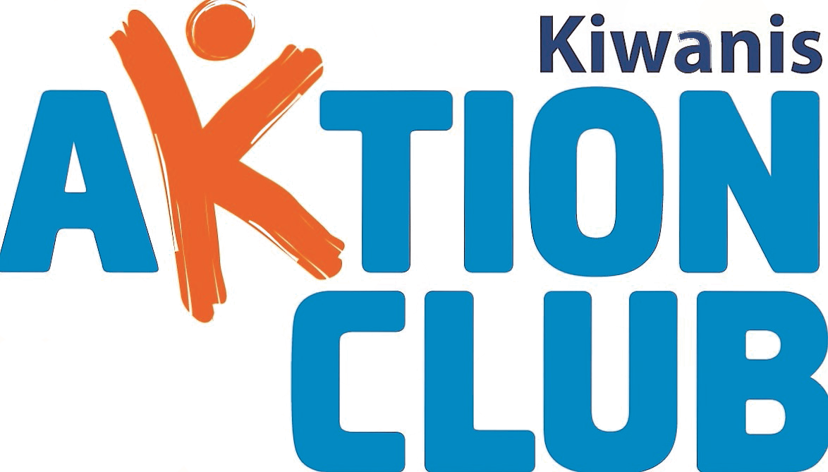 Logo for Kiwanis Aktion Club: blue letters for AKTION CLUB and an orange figure with outstretched arms.