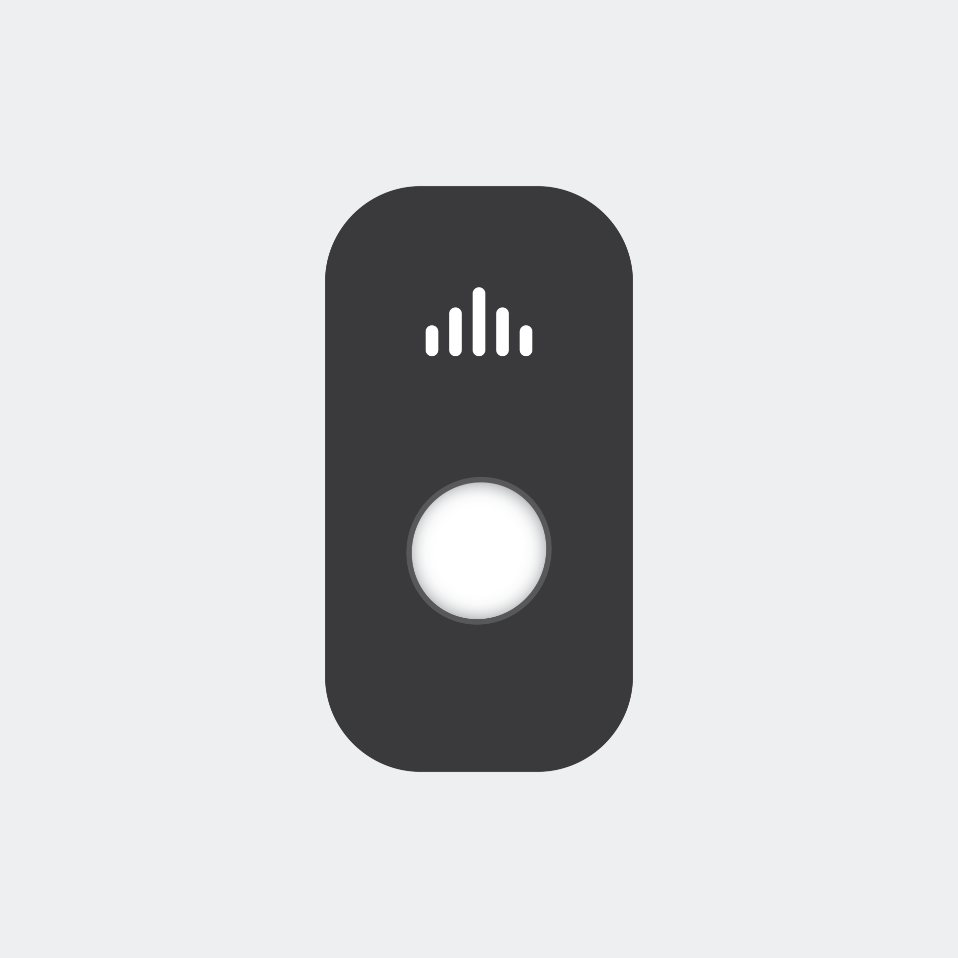 Black rectangular device with a white button and signal bars on a gray background.
