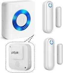 Image of white door sensors with blue circular light alarming when door is open or closed