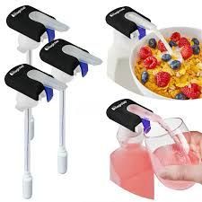 Image of automatic drink dispensers colored white, black and blue connected to a glass of pink juice and a milk jug pouring into cereal. 
