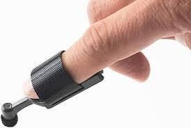 Image of an adjustable, black finger stylus attached to a pointer finger.