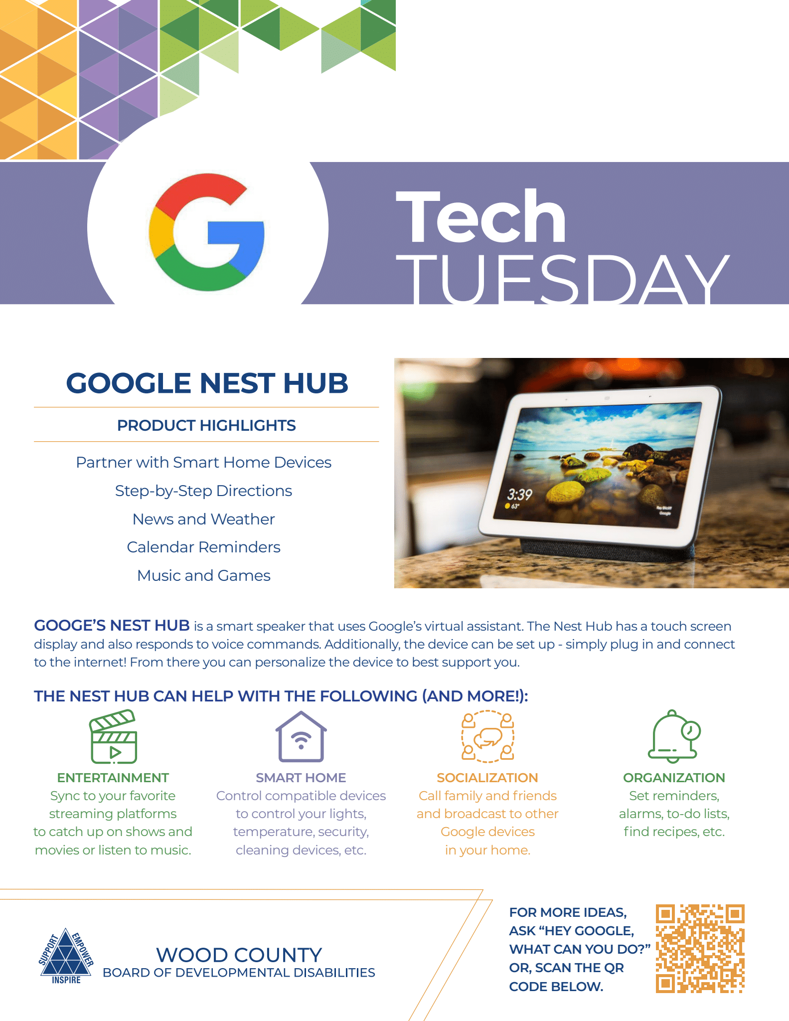 Google Tech Tuesday ad: Google Nest Hub featured, information on features, and ways to connect.