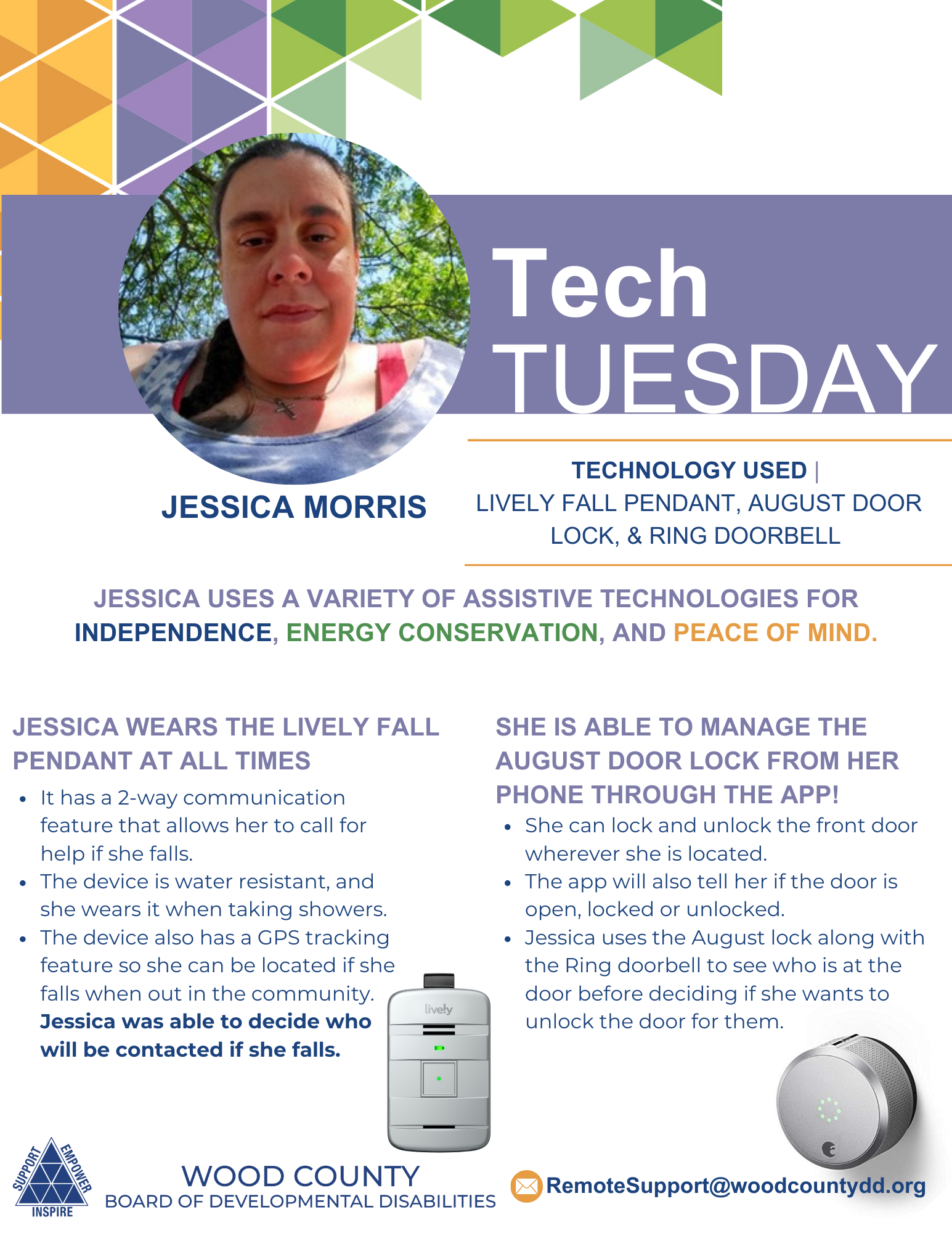 Jessica, wearing a Lively Fall pendant, manages August door lock and Ring doorbell from her phone.