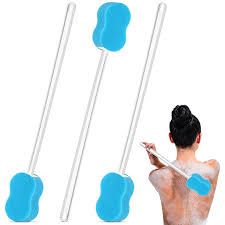 Three blue sponge back scrubbers, one in use, with a person scrubbing their back.