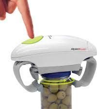 Image of automatic, battery powered jar opened with green button attached to a jar of olives.