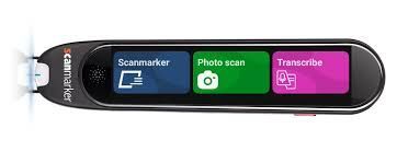 Scanmarker reader pen, black and orange, with green, pink,  and blue indicator lights.
