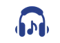 Blue headphones with musical note symbol.