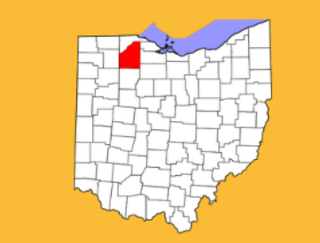 Map of Ohio highlighting Defiance County in red, located in the northwest.