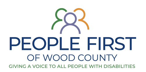 Logo of People First of Wood County. Three colored figures above text.