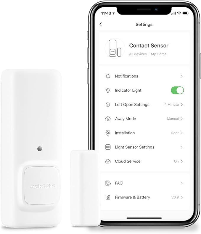 White contact sensor and its app interface on a smartphone screen, showing settings menu.