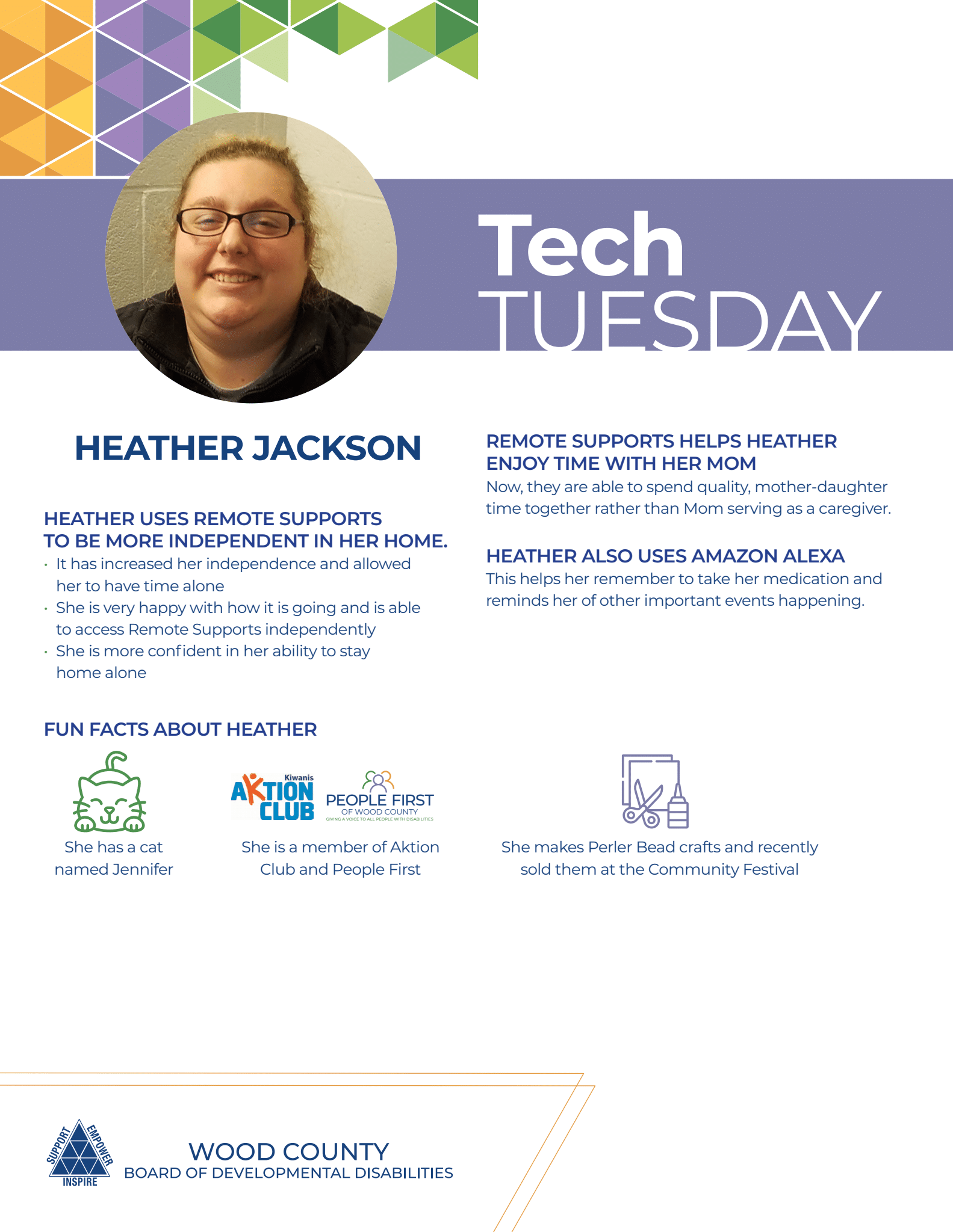 Heather Jackson, Tech Tuesday. Smiling woman in round photo; details on technology tips and recycling.