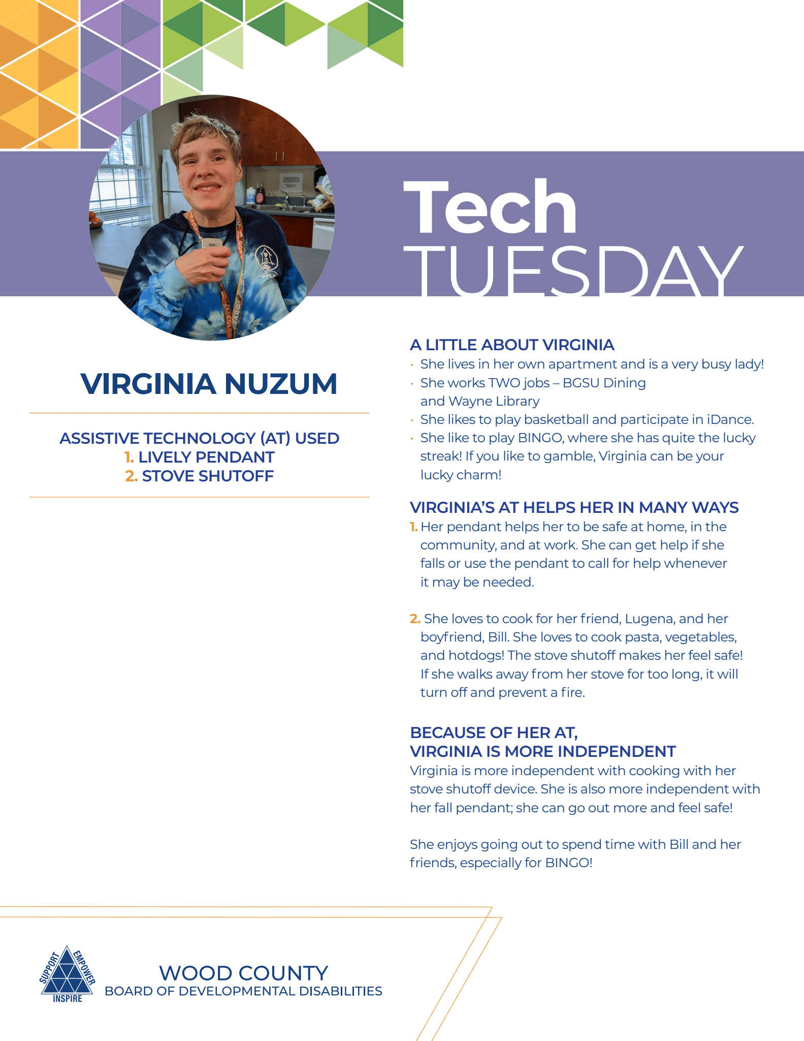 Tech Tuesday flyer with Virginia Nuzum: photo of a smiling person, text listing event details.