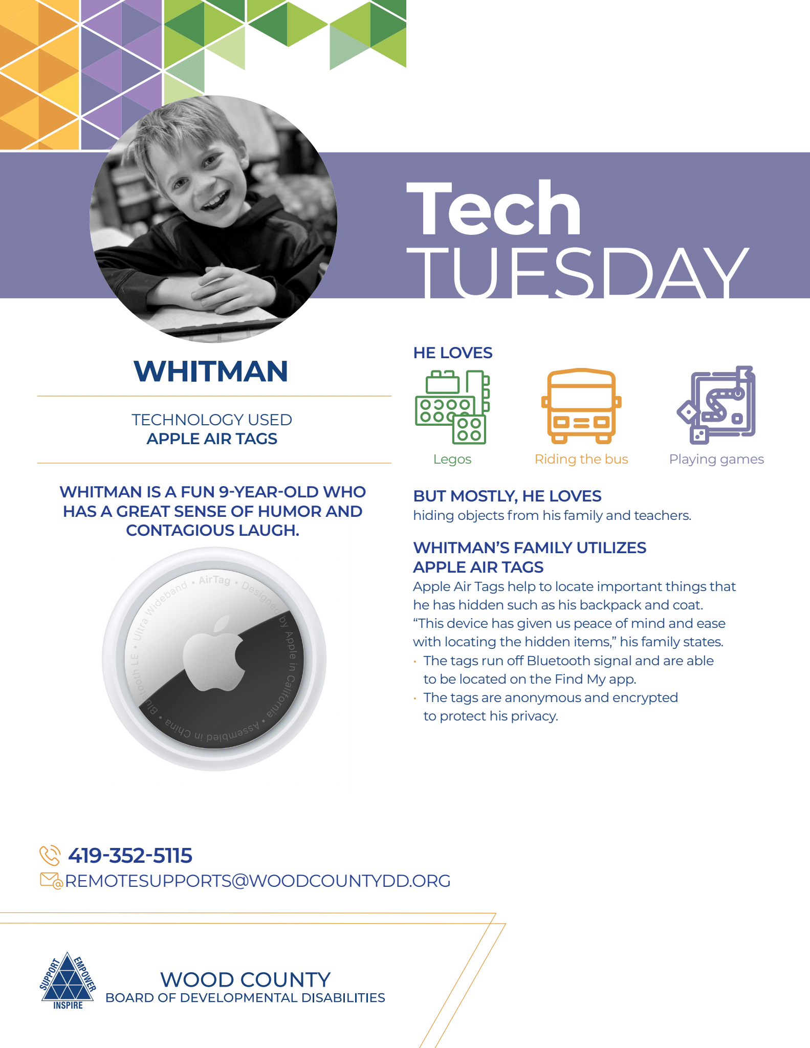 Tech Tuesday flyer, featuring a smiling boy, Apple AirTag, and school-related icons.