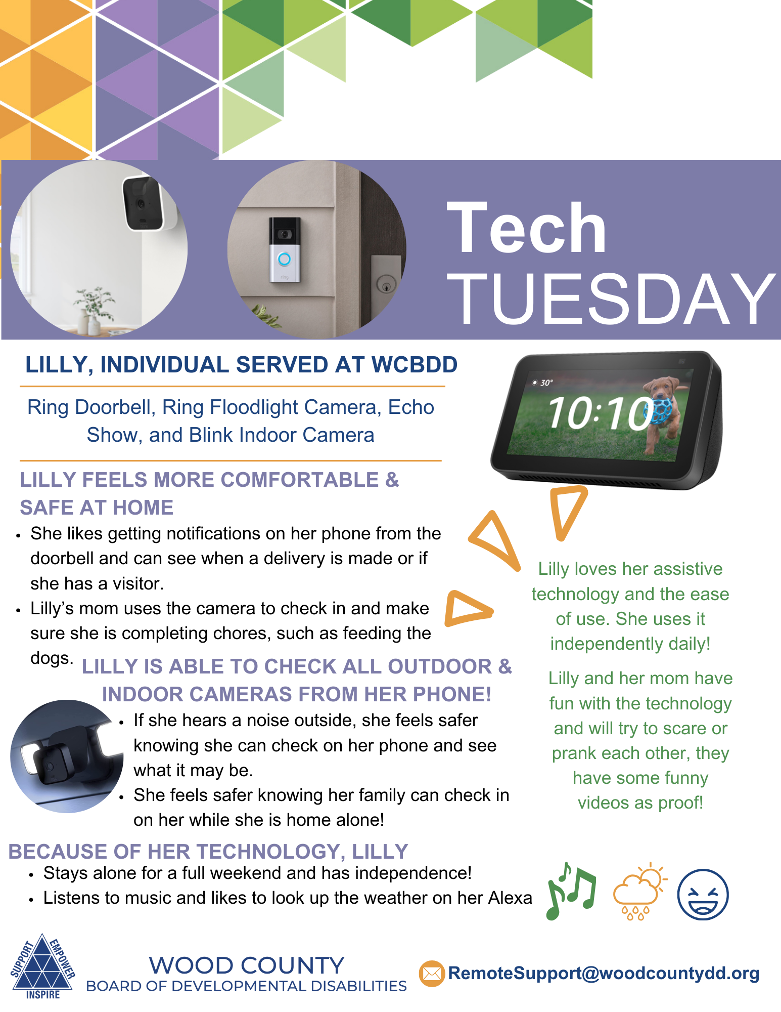 Flyer promoting tech used by Lilly for safety: doorbell, cameras, and Echo Show; Wood County.