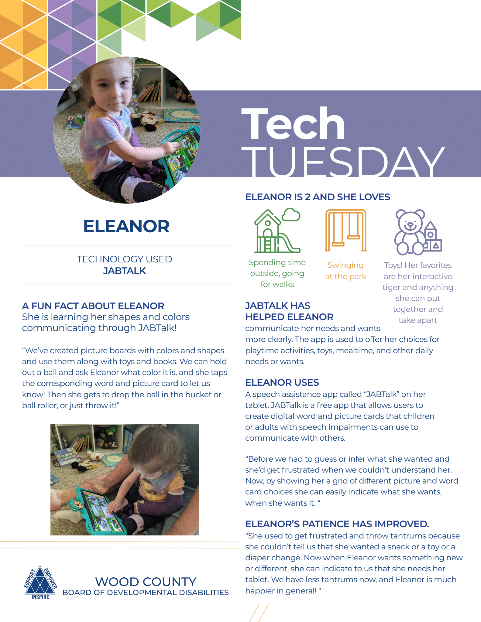 Tech Tuesday flyer featuring a young girl, Eleanor, and tech related activity icons.