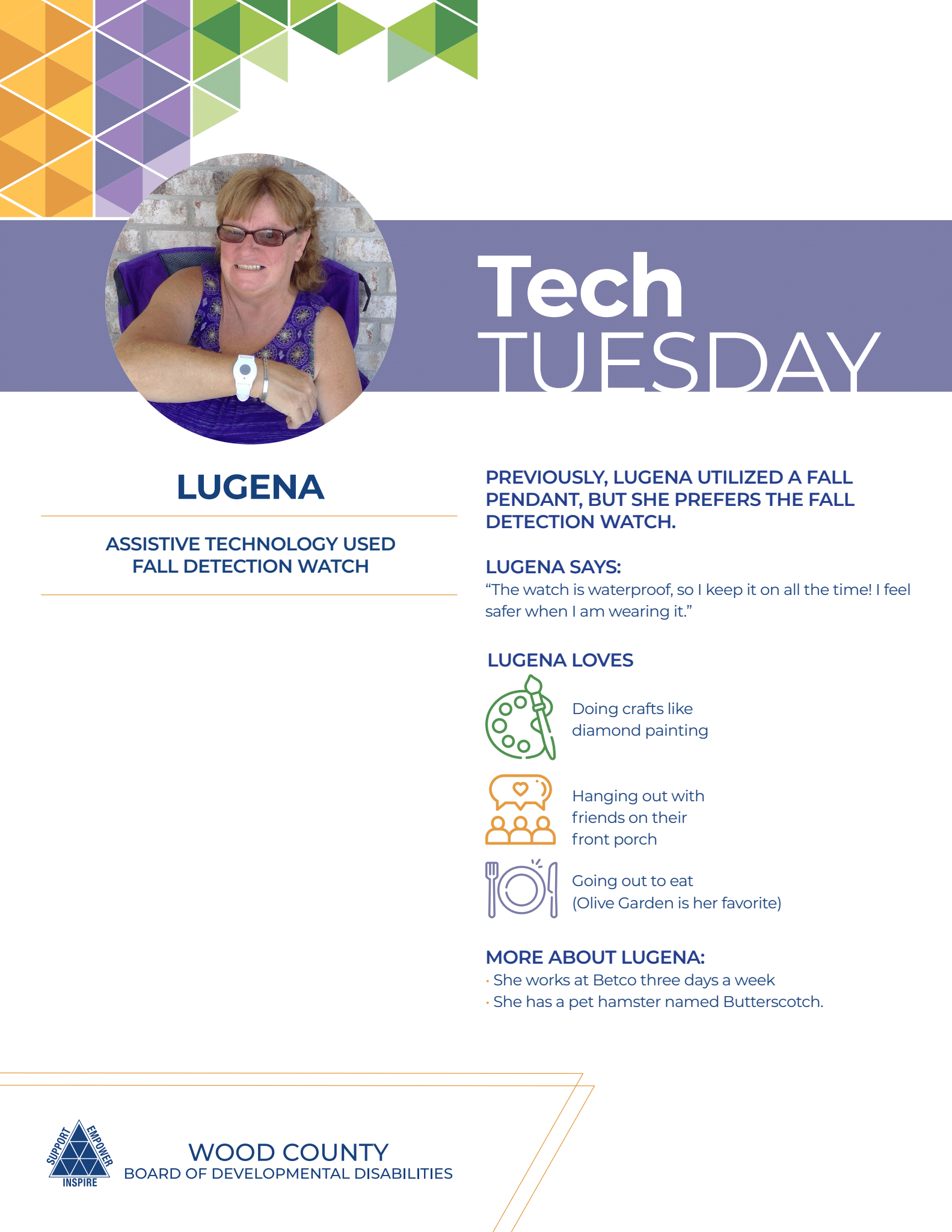 Tech Tuesday flyer with a woman named Lugena, information on recycling, and technology.