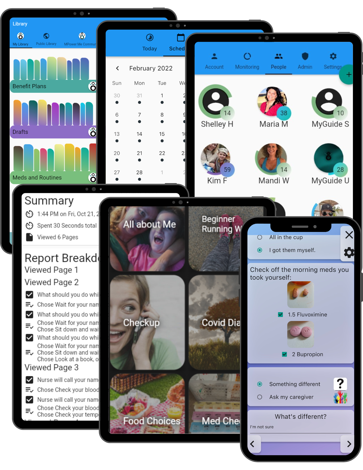 Screens showing app interfaces with charts, calendars, profile icons, and text about health and choices.