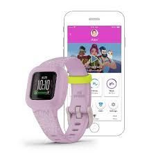 Image of pink fitness tracker watch and smart phone app in the background
