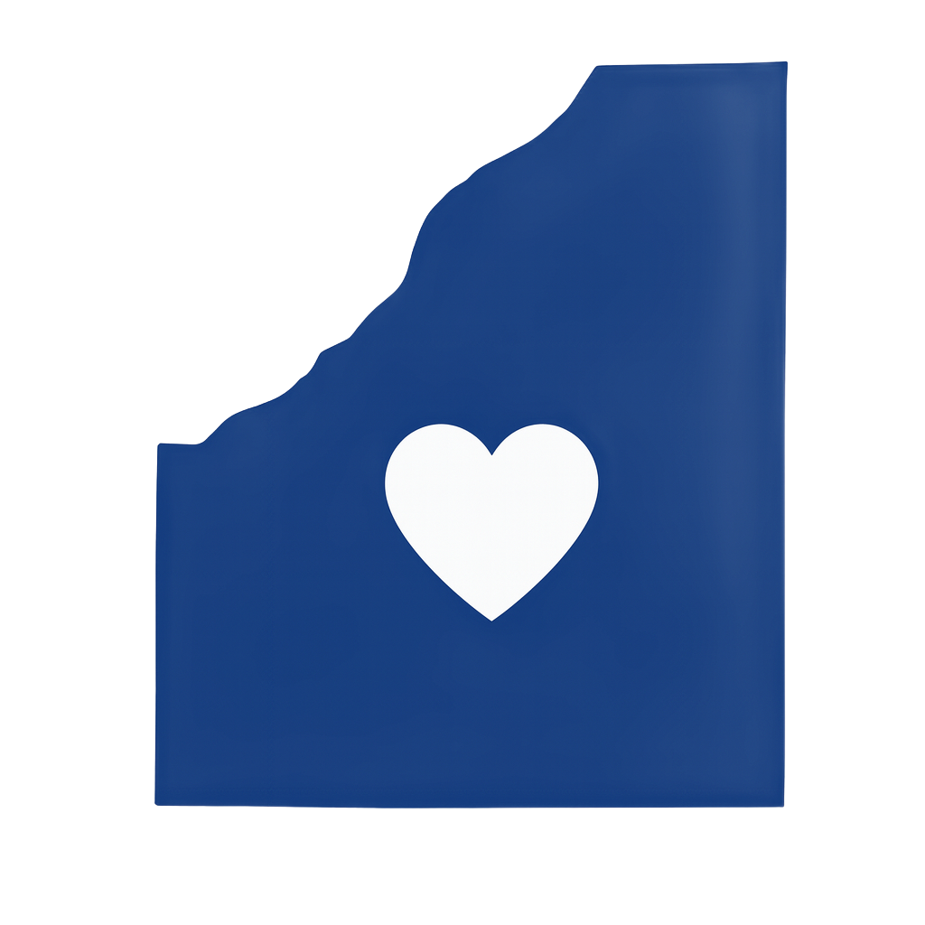 Image of the shape of Wood County with a heart in the center, located in the northwest.
