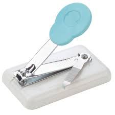 Blue and silver nail clippers with a file, resting on a white base.