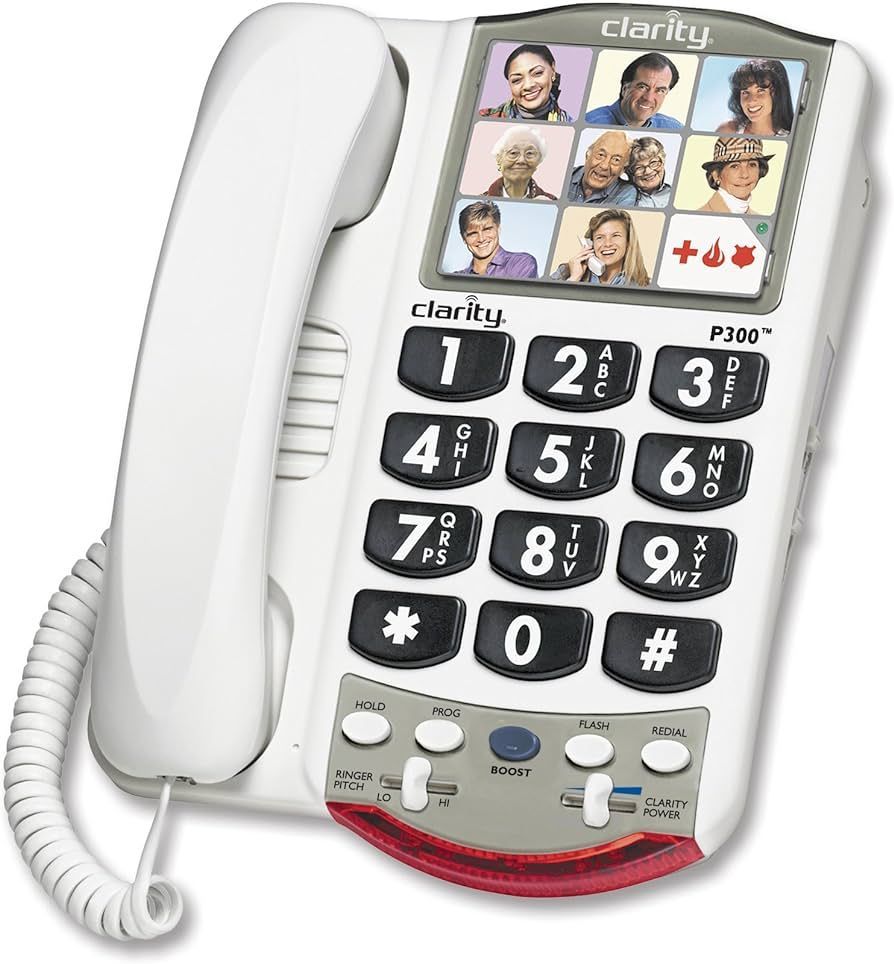 White Clarity P300 amplified phone with large buttons and speed dial photo buttons.