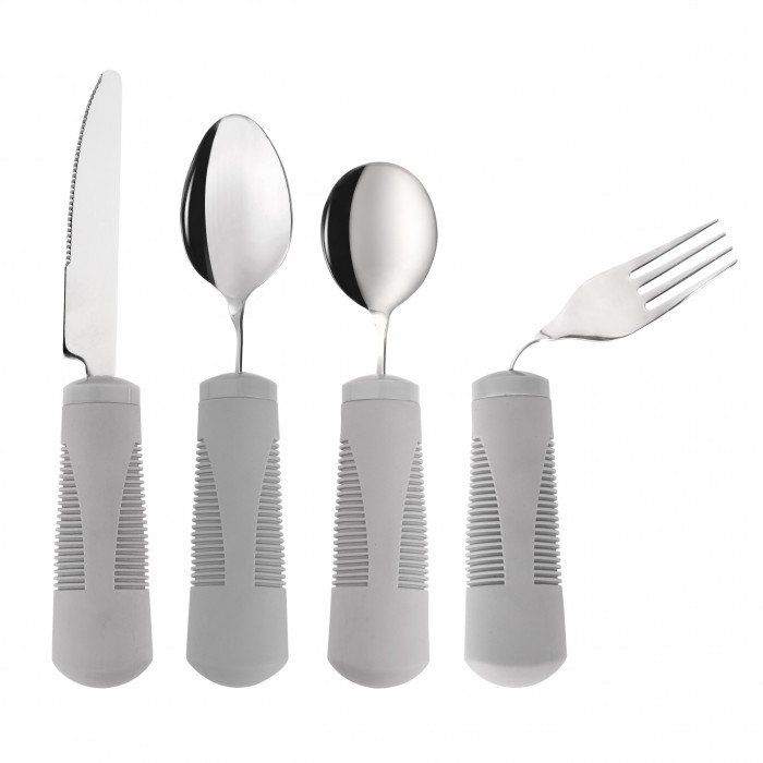 Silver adaptive cutlery set with gray, textured handles.