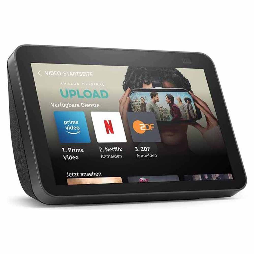 Black Amazon Echo Show displaying video streaming options.