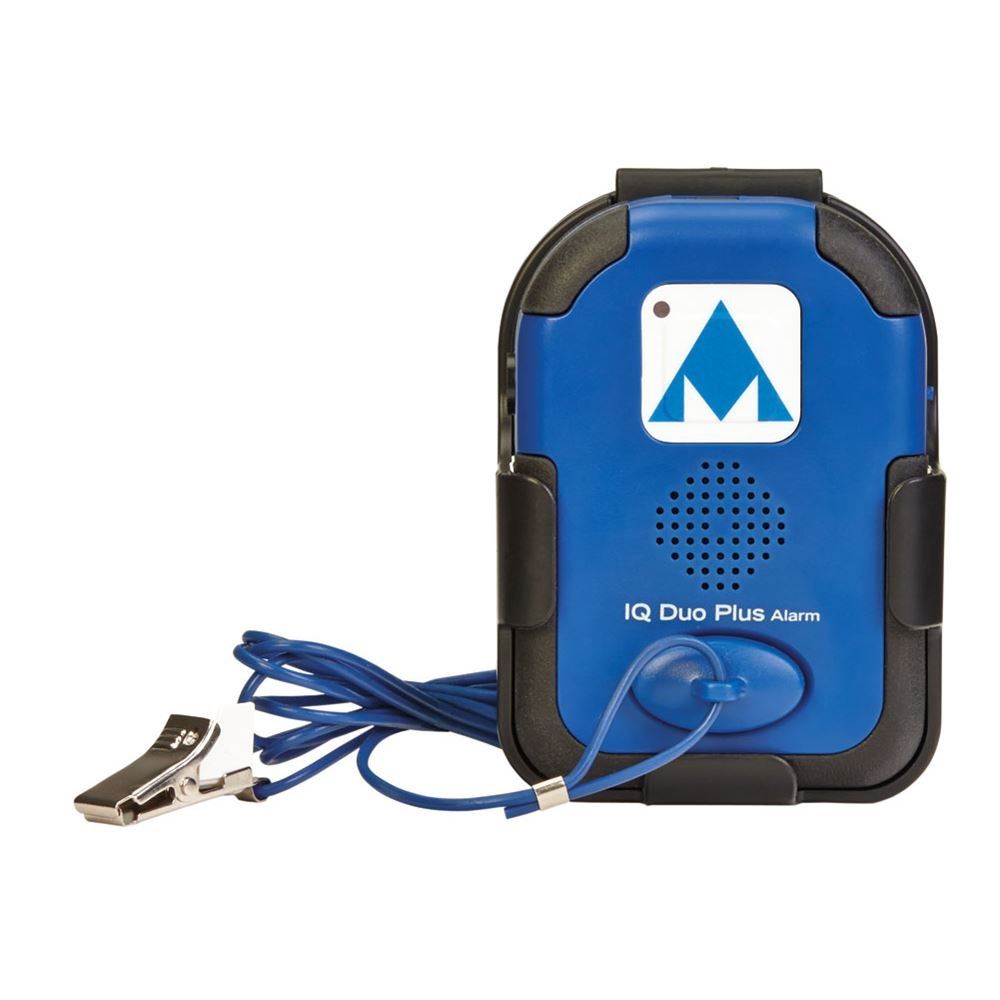 Blue and black personal alarm, with lanyard and clip, features logo and speaker.