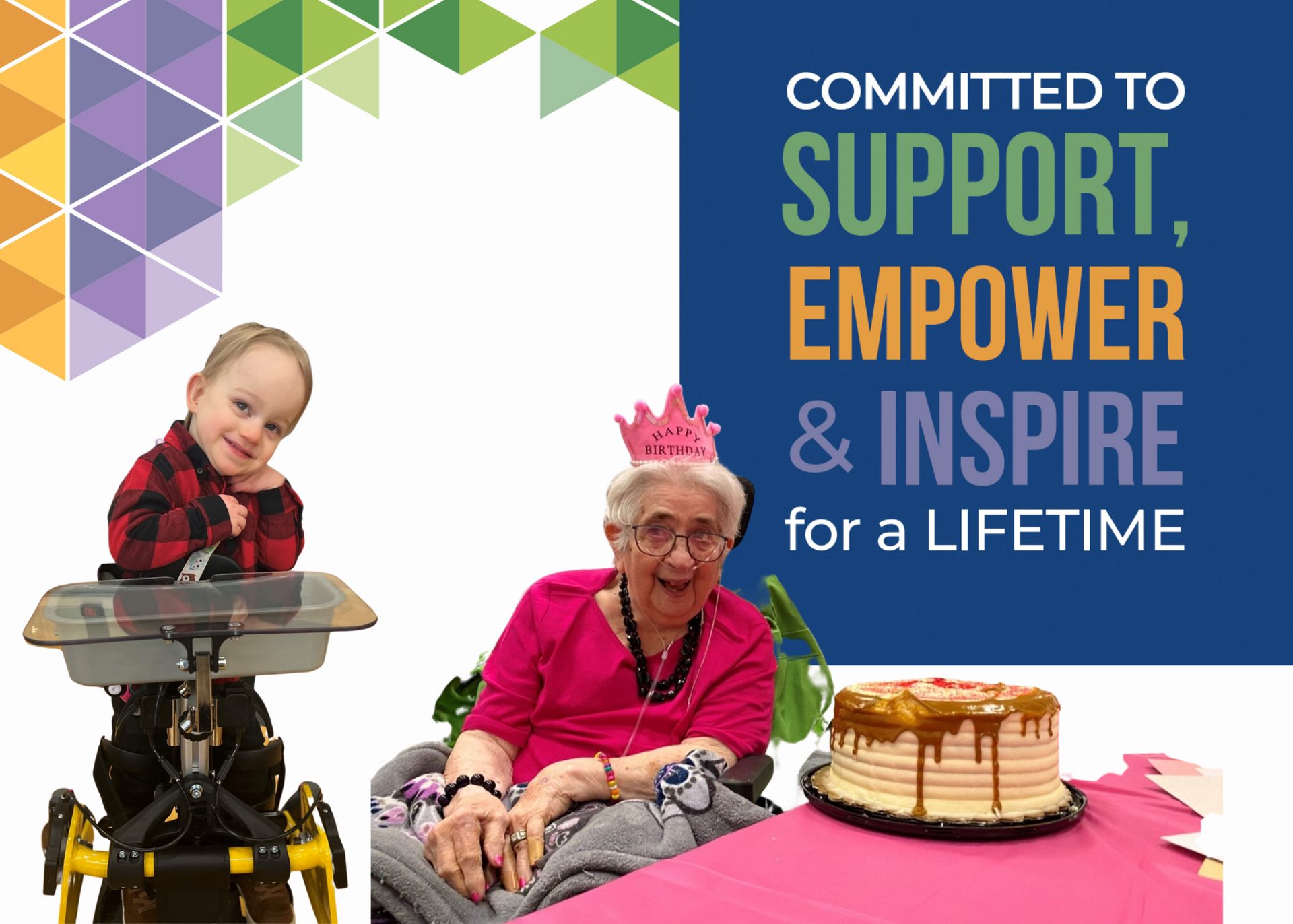 Child in support chair with elderly woman in pink, beside cake, with blue text