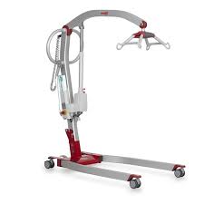 Silver and red patient lift with sling, designed to assist in transferring patients.