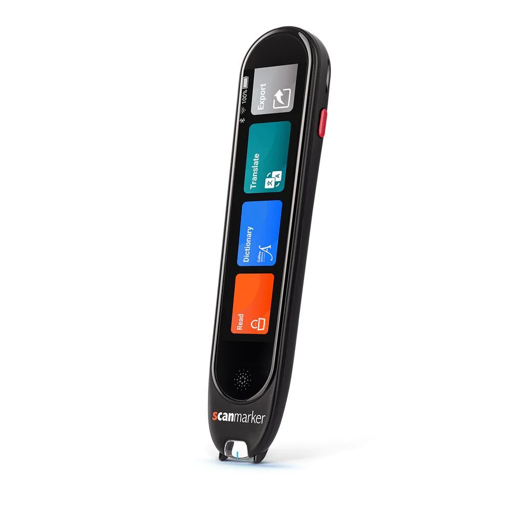 Black Scanmarker pen with a screen displaying icons for picture, text, translation, and settings.