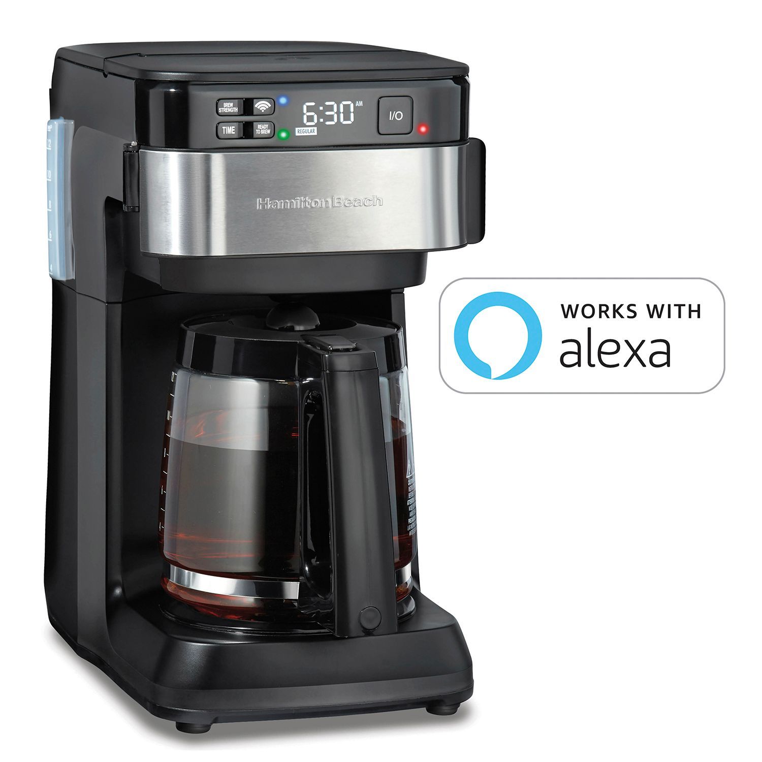 Black and silver Hamilton Beach coffee maker. Includes carafe, digital display, and 