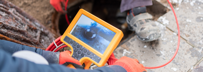 A person is using a camera to look into a manhole.