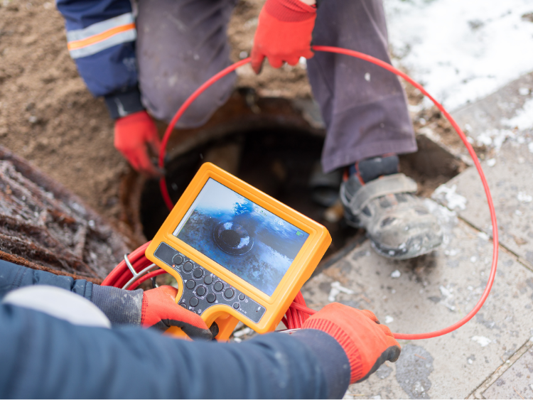 A sewer scope is being put into the ground to test it.