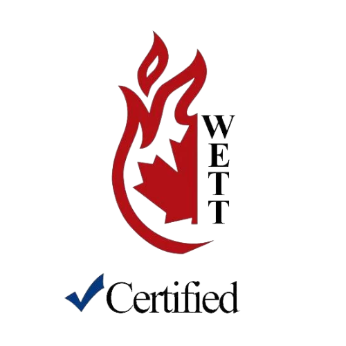 WETT certification logo: Red flames around a red maple leaf, with the letters WETT, and a checkmark saying “Certified”.