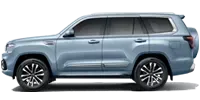 SUV azul con llantas negras y plateadas. Rueda de repuesto trasera.