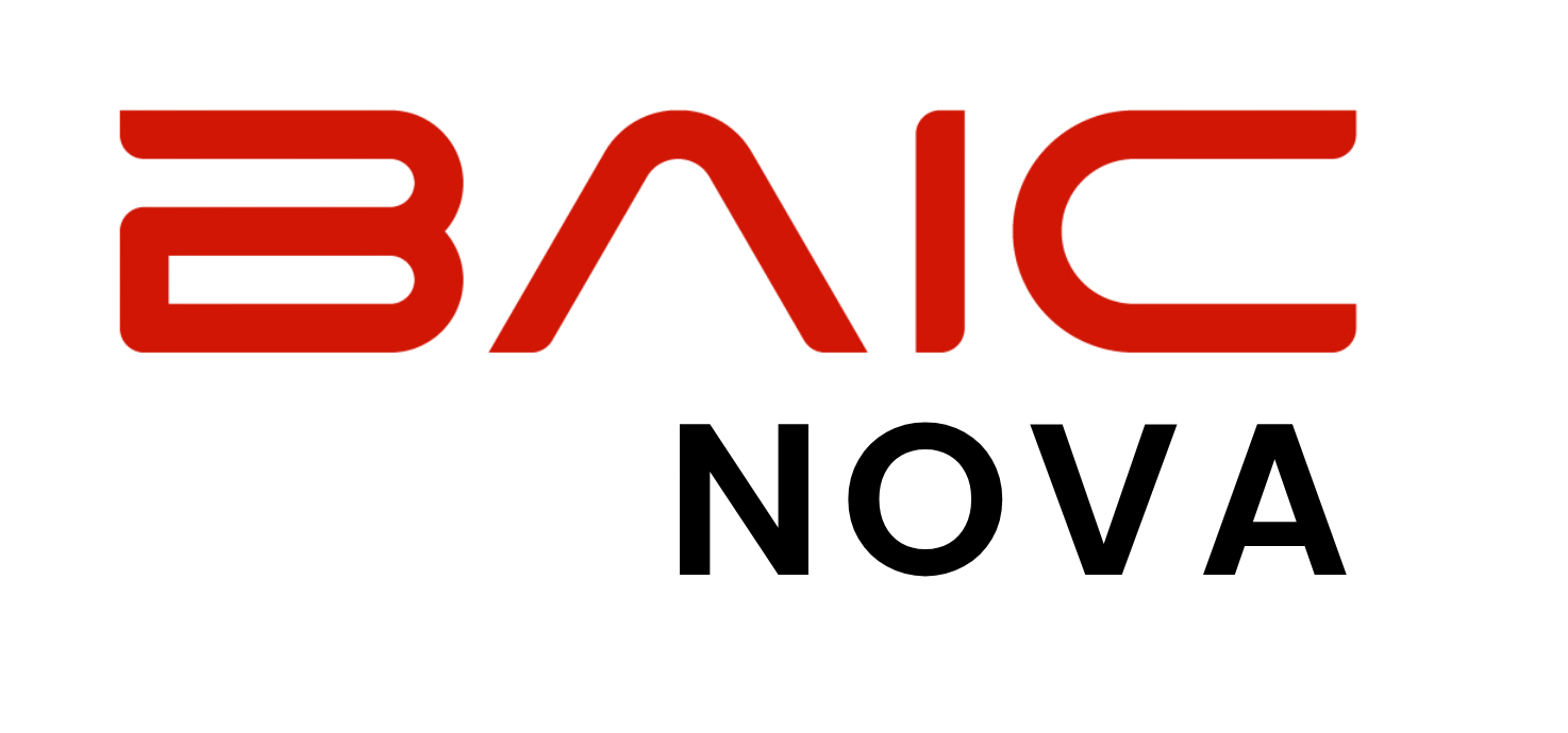 Logotipo de BAIC AutoStore en rojo y negro. 