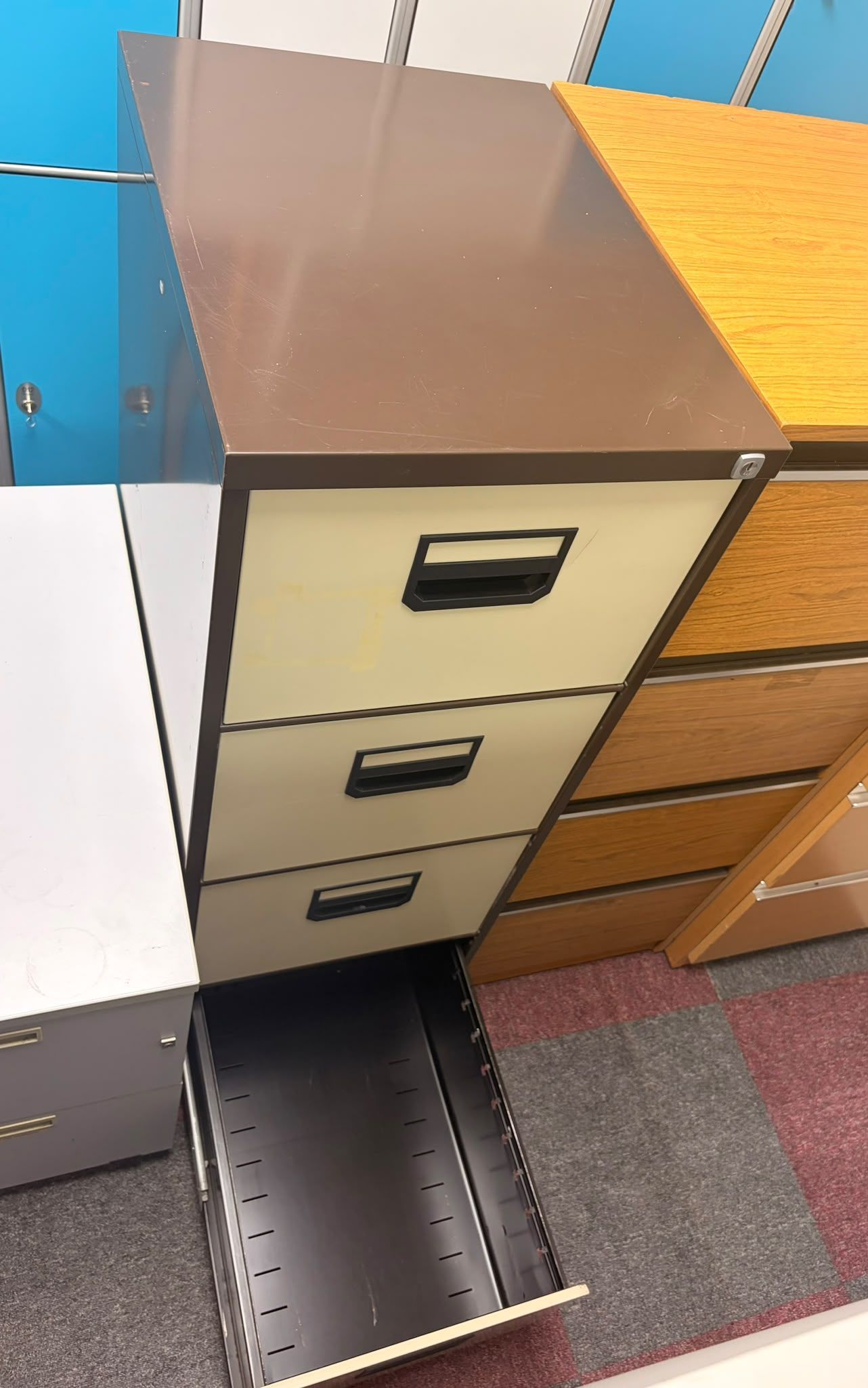 Used Coffee And Cream - Four Drawer Filing Cabinet - Black Handles